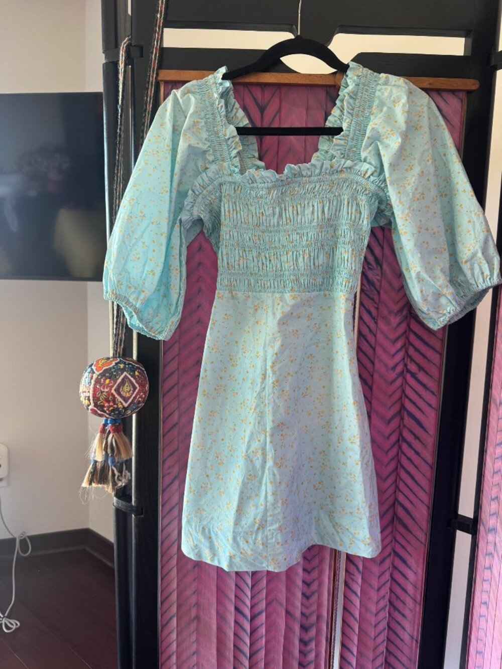 Ganni Blue Floral Smocked Puff Sleeve Mini Dress Size 36 US 4 Small Cotton